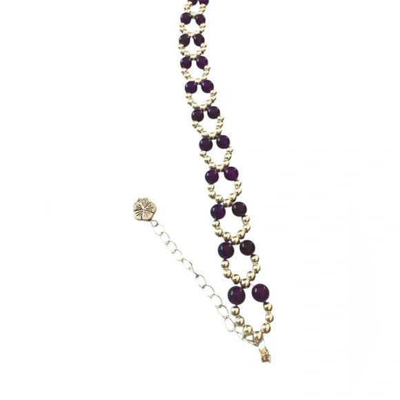 Purple Carnelian Chalcedony and Silver Seed Bead Bracelet with Adjuster - Picture 4 of 10